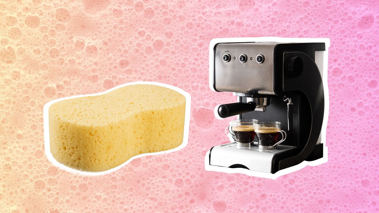 A graphic with a sponge and a coffee maker, on a background with bubbles