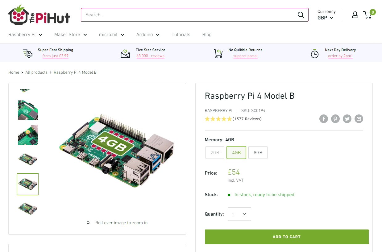 Pi Hut Raspberry Pi 4 stock