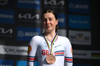 ZURICH SWITZERLAND SEPTEMBER 24 Bronze medalist Imogen Wolff of Team Great Britain poses on the podium during the 97th UCI Cycling World Championships Zurich 2024 Womens Junior Individual Time Trial a 188km one day race from Zurich to Zurich on September 24 2024 in Zurich Switzerland Photo by Dario BelingheriGetty Images