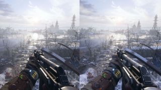 Ray tracing is enabled in the right image, where the effect is most noticeable in bright reflections on water and snow