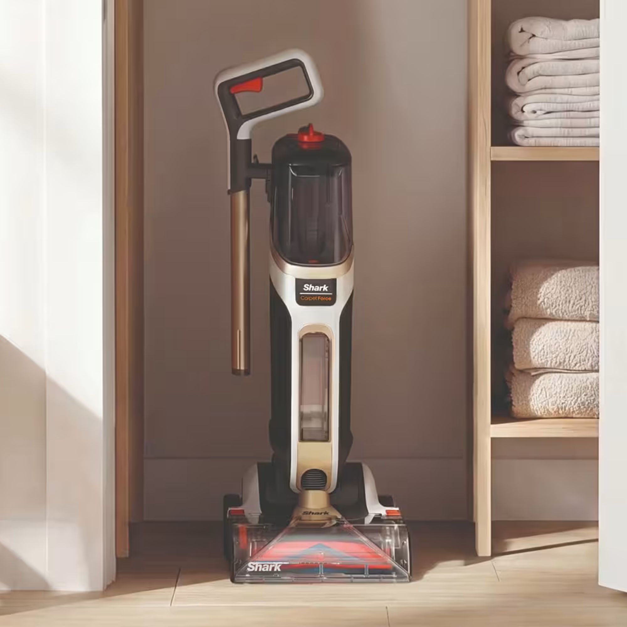 Shark CarpetForce Upright Carpet Cleaner with the wand removed for easy storage in the corner of a room