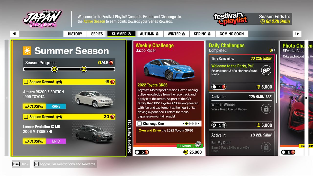Forza Horizon 6 Series 1: An infographic of the Summer Festival Playlist challenges and rewards.