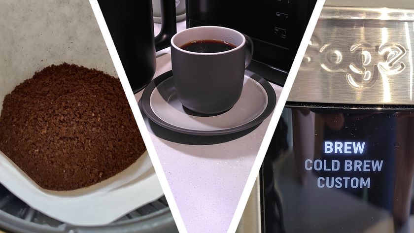 Coffee grounds in brew basket, cup of drip coffee, and settings on drip coffee machine