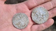 A person holds two silver coins in their hand