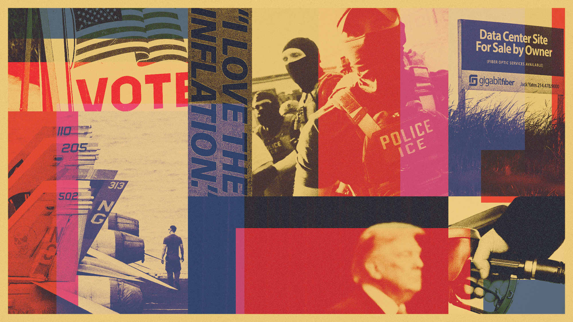 Photo composite illustration of ICE officers, aircraft on a carrier, Donald Trump, a voting site, data center sign and fuel pump