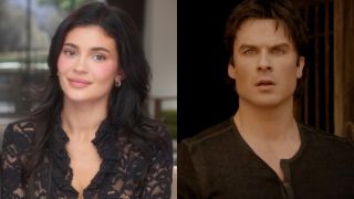 Kylie Jenner talking to the camera on The Kardashians/Ian Somerhalder as Damon Salvatore staring at Elena on The Vampire Diaries.
