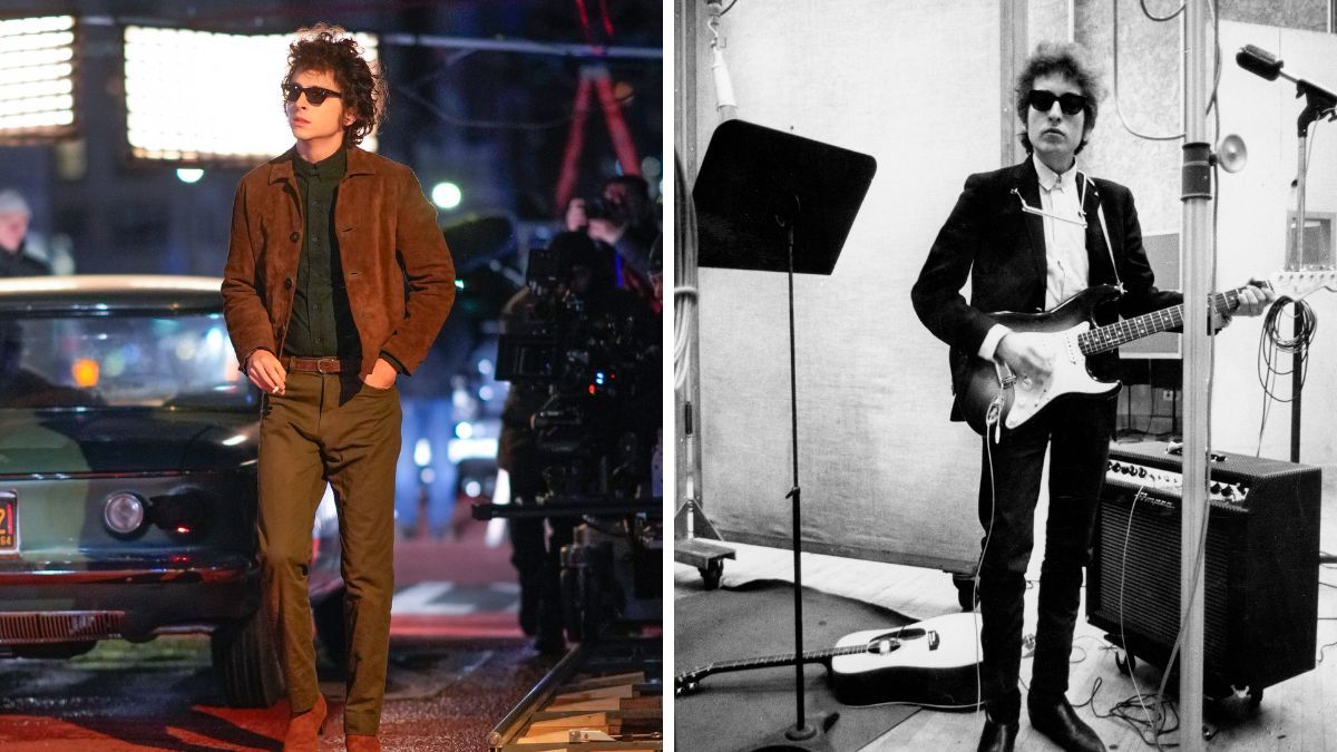 Left-Timothee Chalamet is seen on location for the Bob Dylan biopic titled &#039;A Complete Unknown&#039; on March 24, 2024 in New York City; Right-Bob Dylan plays a Fender Stratocaster electric guitar through an Ampeg amplifier while recording his album &#039;Bringing It All Back Home&#039; on January 13-15, 1965 in Columbia&#039;s Studio A in New York City, New York