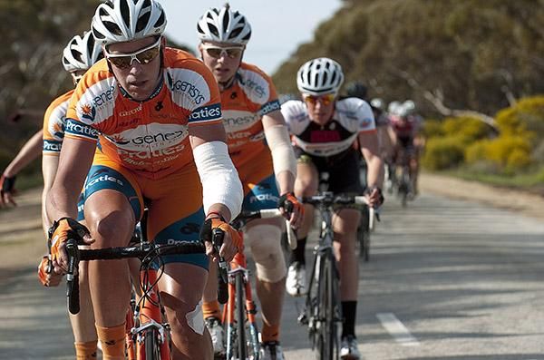 Injured Genesys Wealth Advisers riders Nic Sanderson and Kane Walker lead the peloton on the roads out the back of Swan Hill.