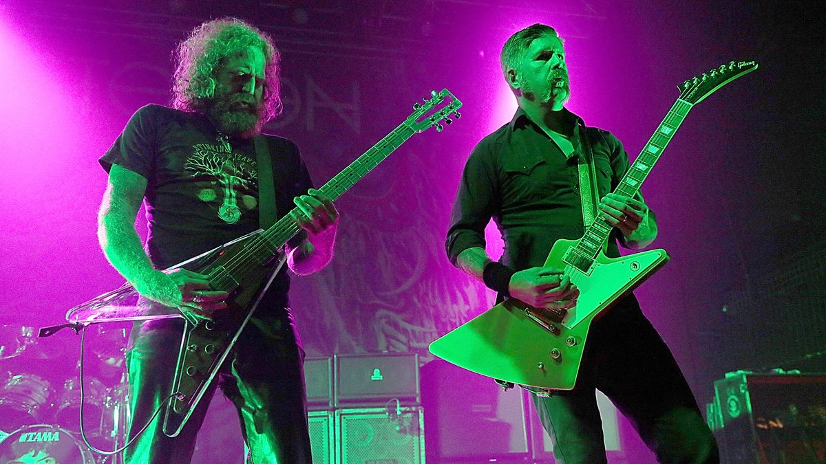 Brent Hinds (L) and Bill Kelliher of Mastodon perform in concert at the Austin Music Hall on October 28, 2015 in Austin, Texas