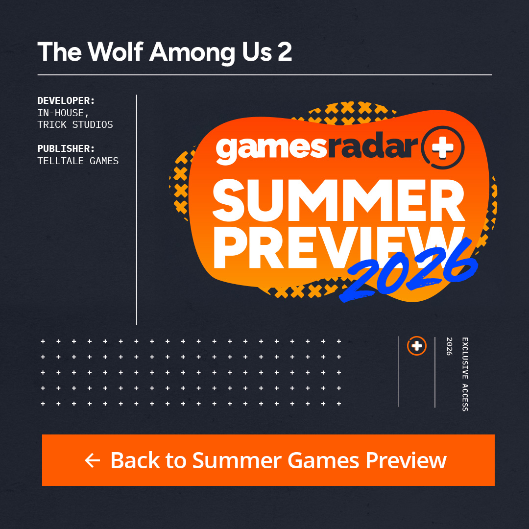 The GamesRadar+ Summer Preview 2026 info box for The Wolf Among Us 2, listing the developer and publisher as Trick Studios and Telltale Games