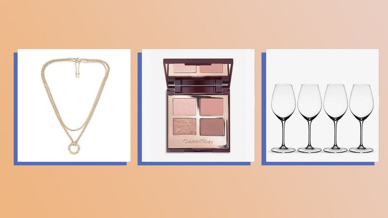 Three of the best Christmas gifts for friends 2021 from Revolve, Charlotte Tilbury, and Selfridges shown side-by-side