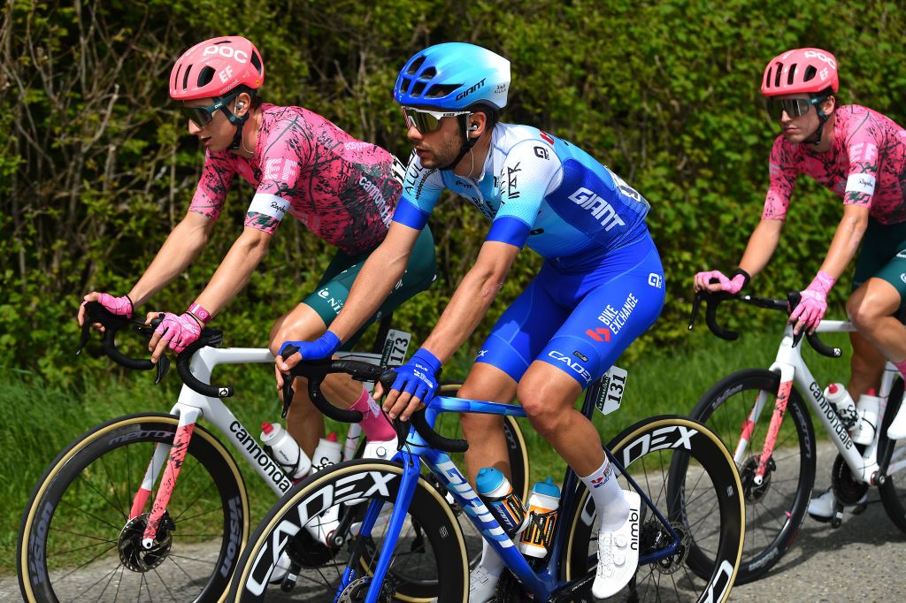 VALBROYE SWITZERLAND APRIL 29 LR Neilson Powless of United States and Team EF Education Easypost and Matteo Sobrero of Italy and Team BikeExchange Jayco compete during the 75th Tour De Romandie 2022 Stage 3 a 1651km stage from Valbroye to Valbroye TDR2022 on April 29 2022 in Valbroyeon Switzerland Photo by Dario BelingheriGetty Images