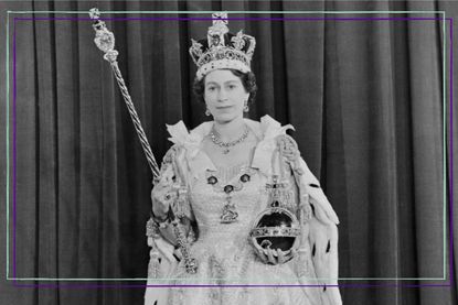 a black and white photo of Queen Elizabeth II on her Coronation day posing with the sceptre and orb