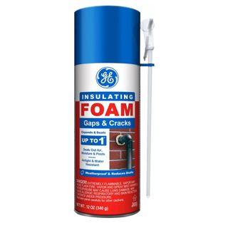 A red, blue and white can of insulating foam