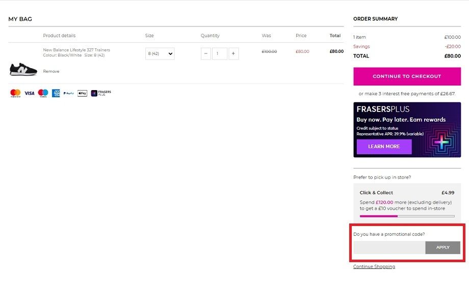 House of Fraser discount code screenshot