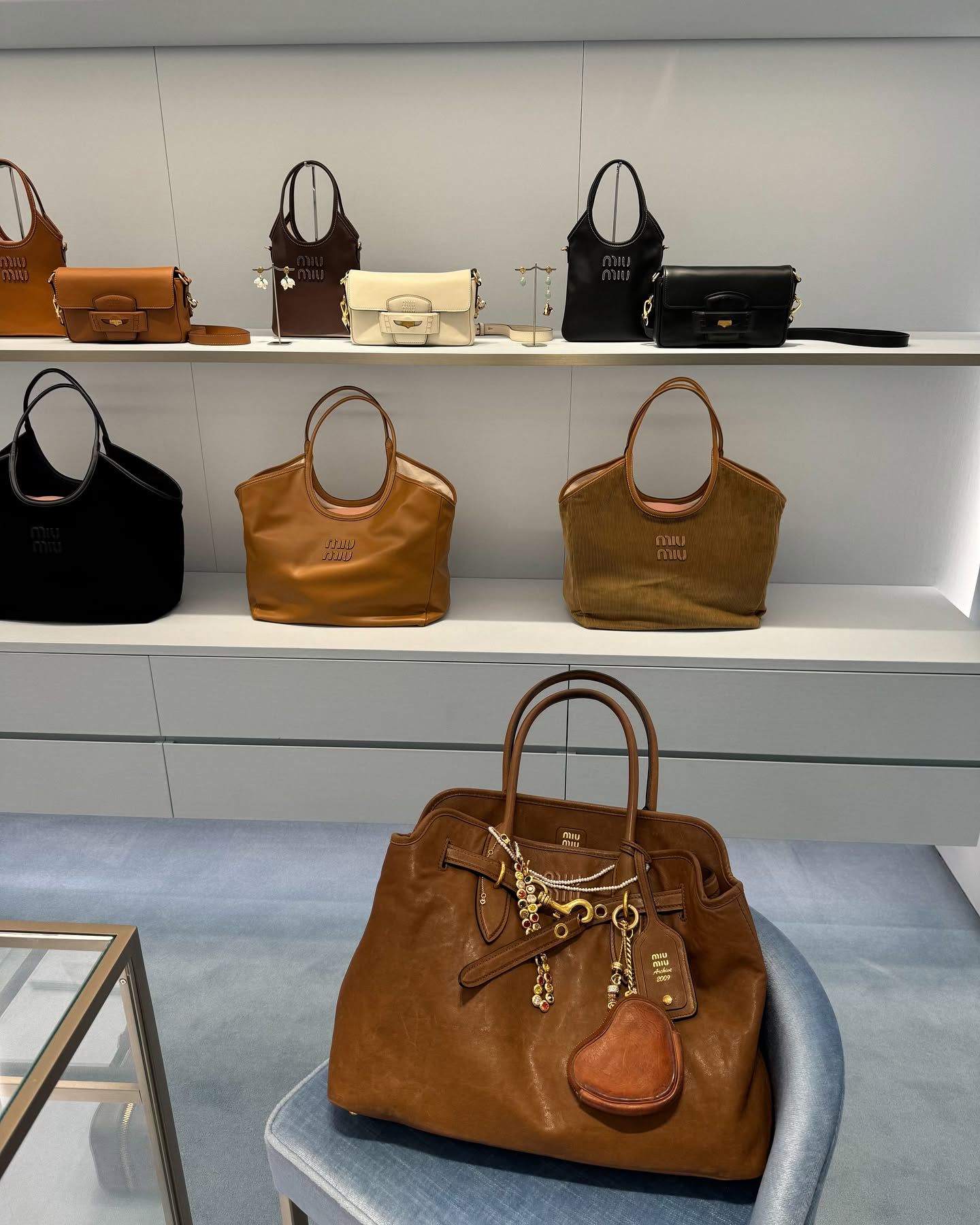 An image of @aliwhittle_ in the Miu Miu store showcasing some of the best Miu Miu bags.