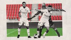 Photo collage of Al-Ahly Tripoli footballers playing in front of an empty stadium, tinted in the colours of the flag of Libya. 