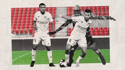 Photo collage of Al-Ahly Tripoli footballers playing in front of an empty stadium, tinted in the colours of the flag of Libya.