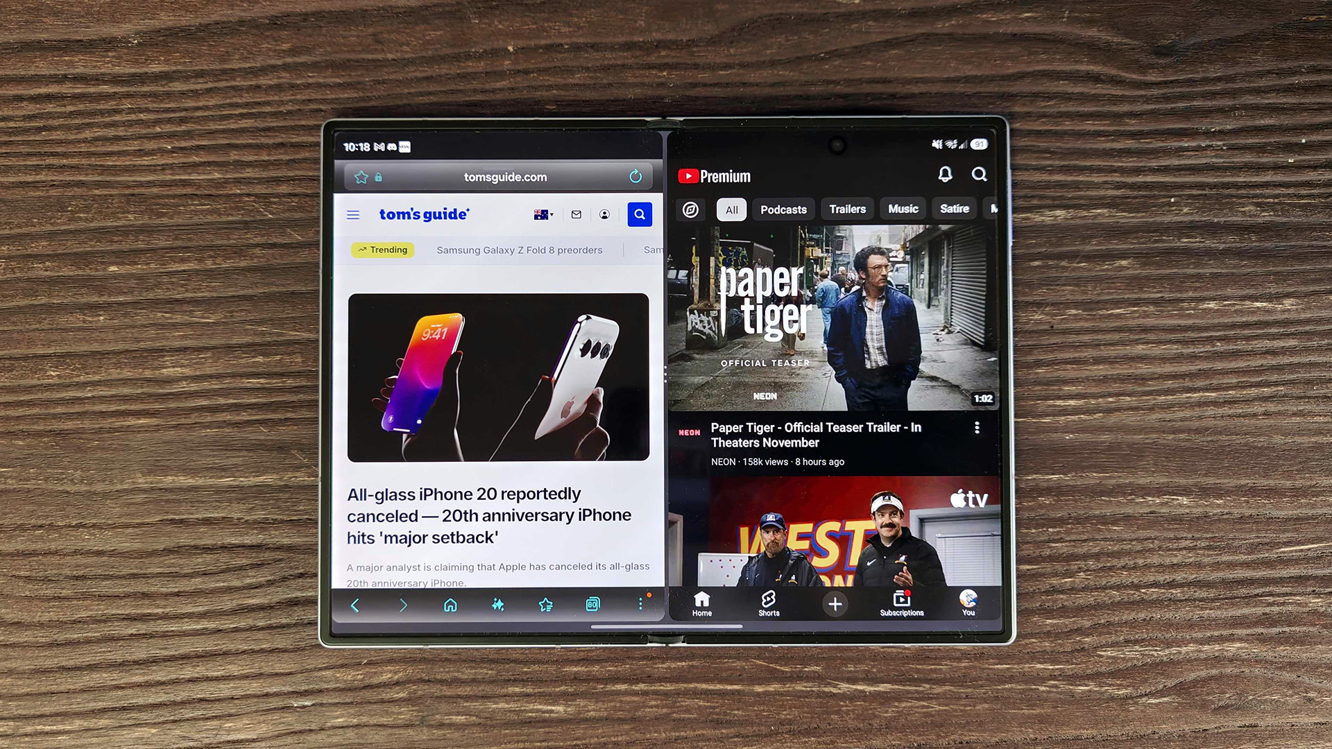 Unfolded Samsung Galaxy Z Fold 8 on desk demonstrating multitasking capability