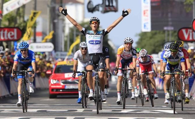 Matteo Trentin (Omega Pharma-Quick Step) wins celebrates his first every pro victory