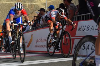 Groupama-FDJ’s Arnaud Démare pips UAE Team Emirates’ Diego Ulissi for third place on stage 2 of the 2020 UAE Tour at Hatta Dam