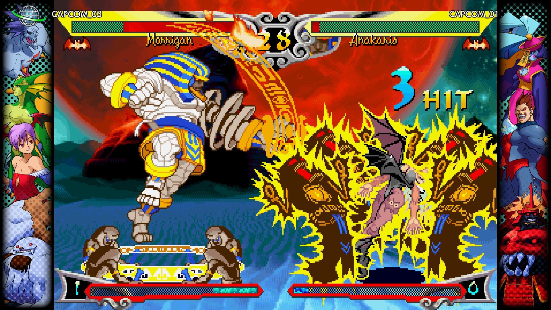 An in-game image of Anakaris destroying Morrigan in the Capcom Fighting Collection game.