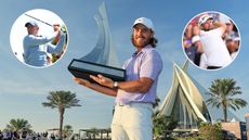 Tommy Fleetwood holding the Dubai Invitational trophy and insets of Rory McIlroy and Shane Lowry holding their finishes on drives