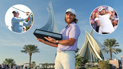 Tommy Fleetwood holding the Dubai Invitational trophy and insets of Rory McIlroy and Shane Lowry holding their finishes on drives