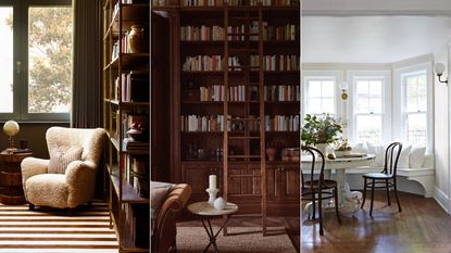 A white boucle chair in the corner of a home library / A bespoke oak wood home library / A white dining nook with a round distressed table and dark wood chairs