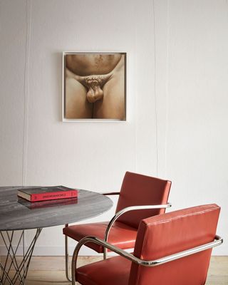 A painting of a man's genitalia is hung on the wall. We see a gray top table with red chairs.