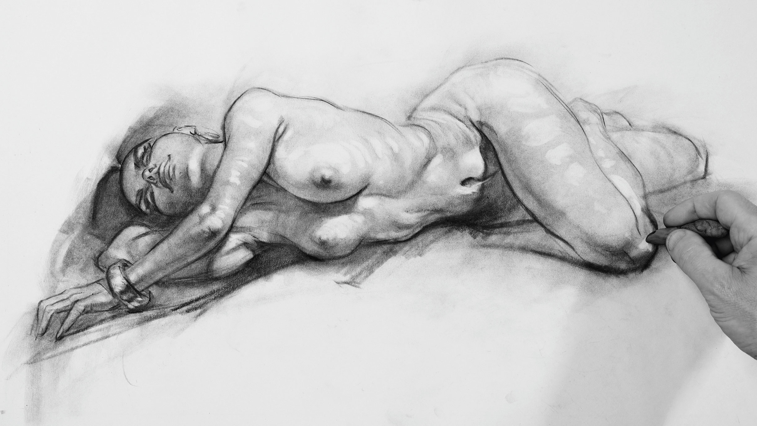 Charcoal figure with highlights added