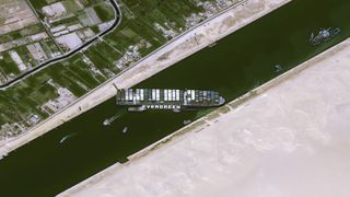 An Airbus-built Pleiades Earth-observation satellite captured this view of the Ever Given container ship stuck in the Suez Canal on March 25, 2021.