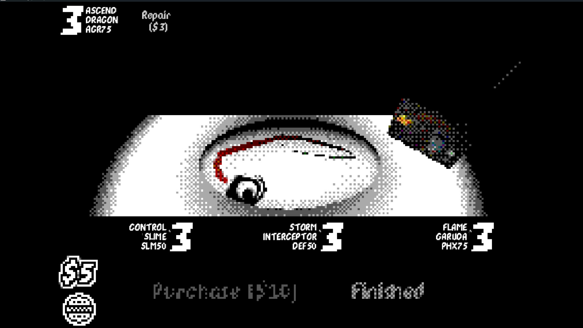Choosing between three purchasable tops at a shop stage in From the Top.