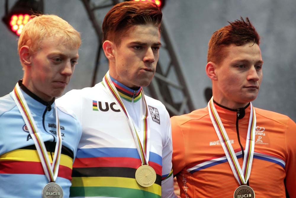 The elite men's podium at the UCI Cyclo-cross World Championships