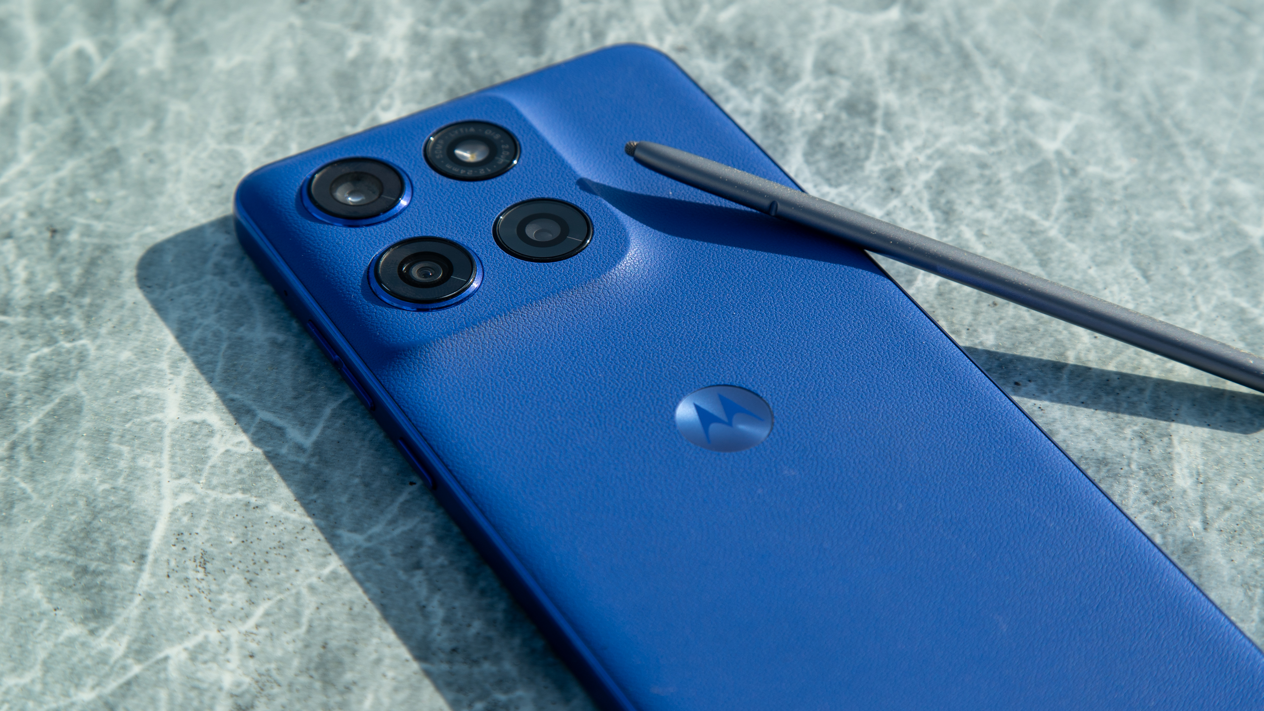 Moto G Stylus 2025 face down with the pen on top