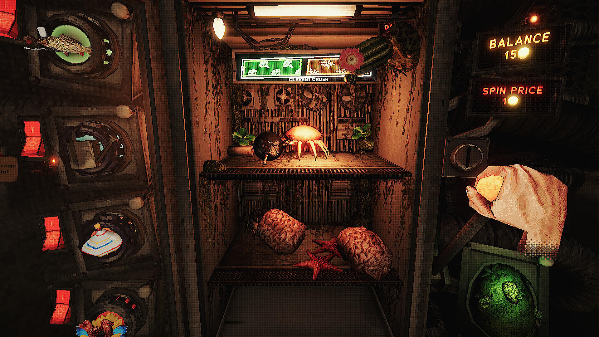 Looking into a cursed gacha fridge, filled with organs and insects and horrid items.