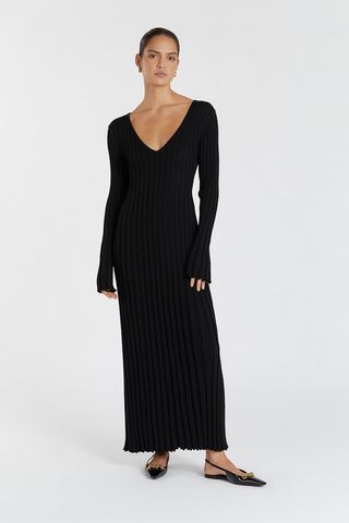 Reign Black Sleeved Knit Midi Dress