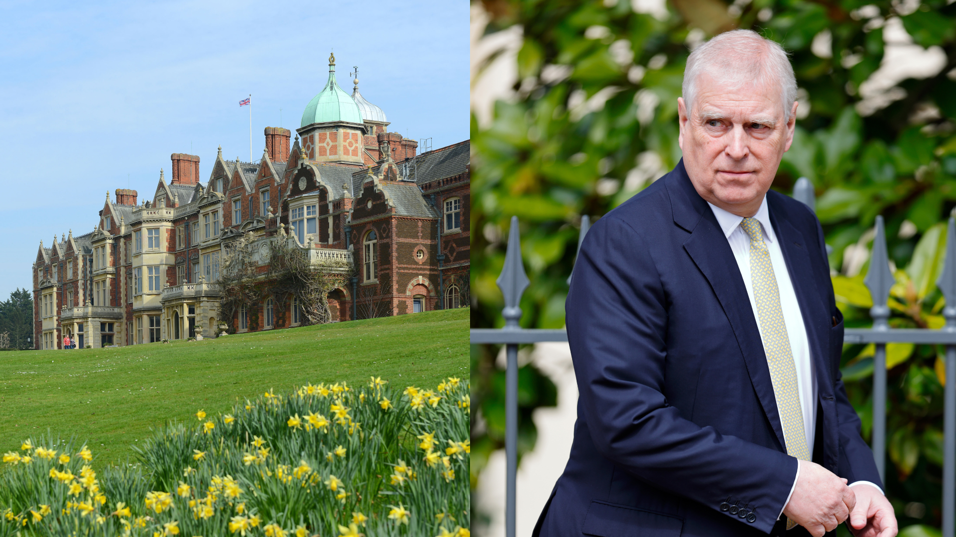 The exterior of Sandringham House; Prince Andrew scowling in a navy suit