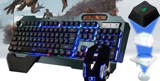An advertisement for a gaming keyboard with RGB lights and a fantasy game in the background.