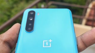 A close-up of the camera block on a OnePlus Nord