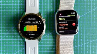 A Garmin Epix Pro and an Apple Watch 9 side-by-side displaying heart rate information