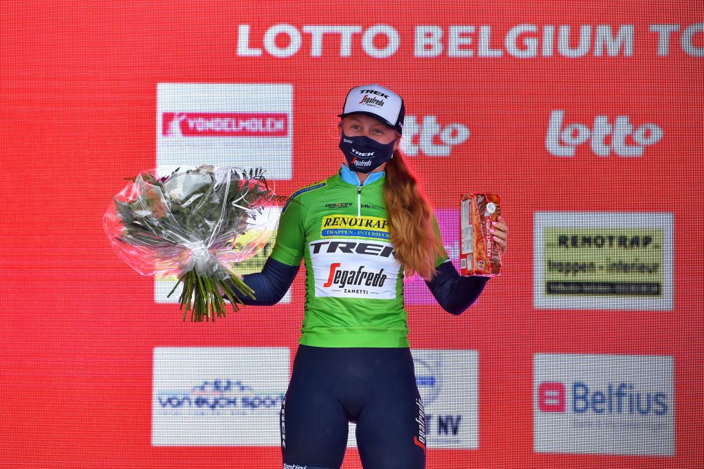 CHIMAY BELGIUM JUNE 22 Elynor Backstedt of The United Kingdom and Team Trek Segafredo Green Points Jersey celebrates at podium during the 9th Lotto Belgium Tour 2021 Prologue a 44km Individual Time Trial stage from Chimay to Chimay Trophy ITT LottoBelgTour LottoBelgiumTour on June 22 2021 in Chimay Belgium Photo by Luc ClaessenGetty Images