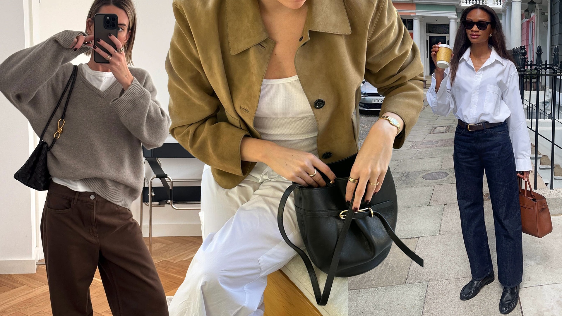 fashion collage of three British style influencers wearing chic spring 2026 outfits with V-neck sweaters, a suede jacket, dark-wash jeans, and more