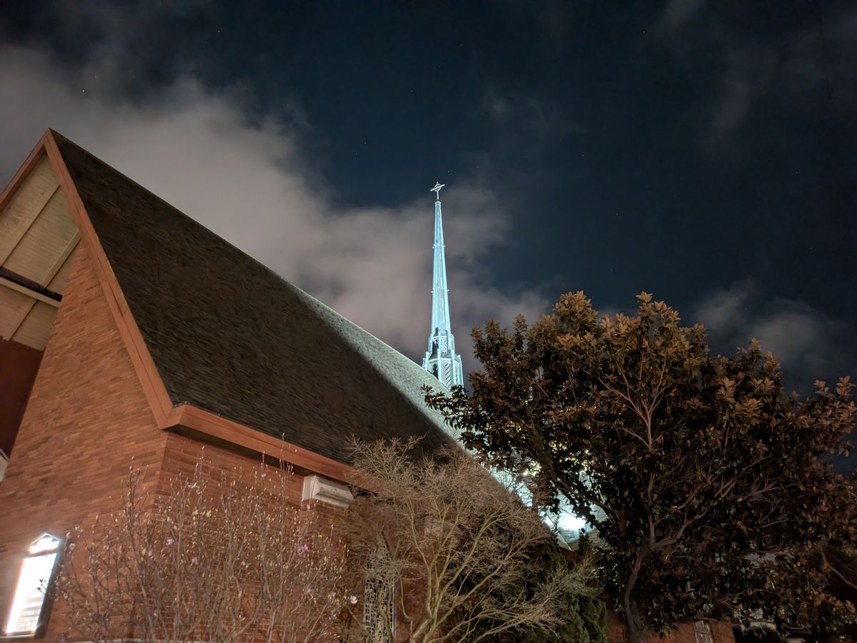 Church spire at night shot by Pixel 8a