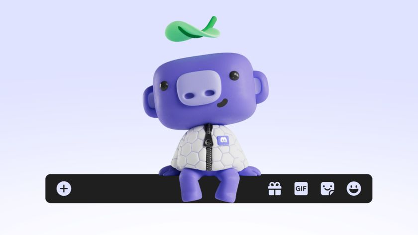 The Discord mascot sitting on a floating Discord text entry bar.
