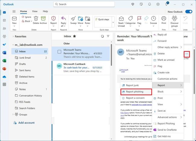 How to report phishing emails to Microsoft in Outlook for Windows 11 ...