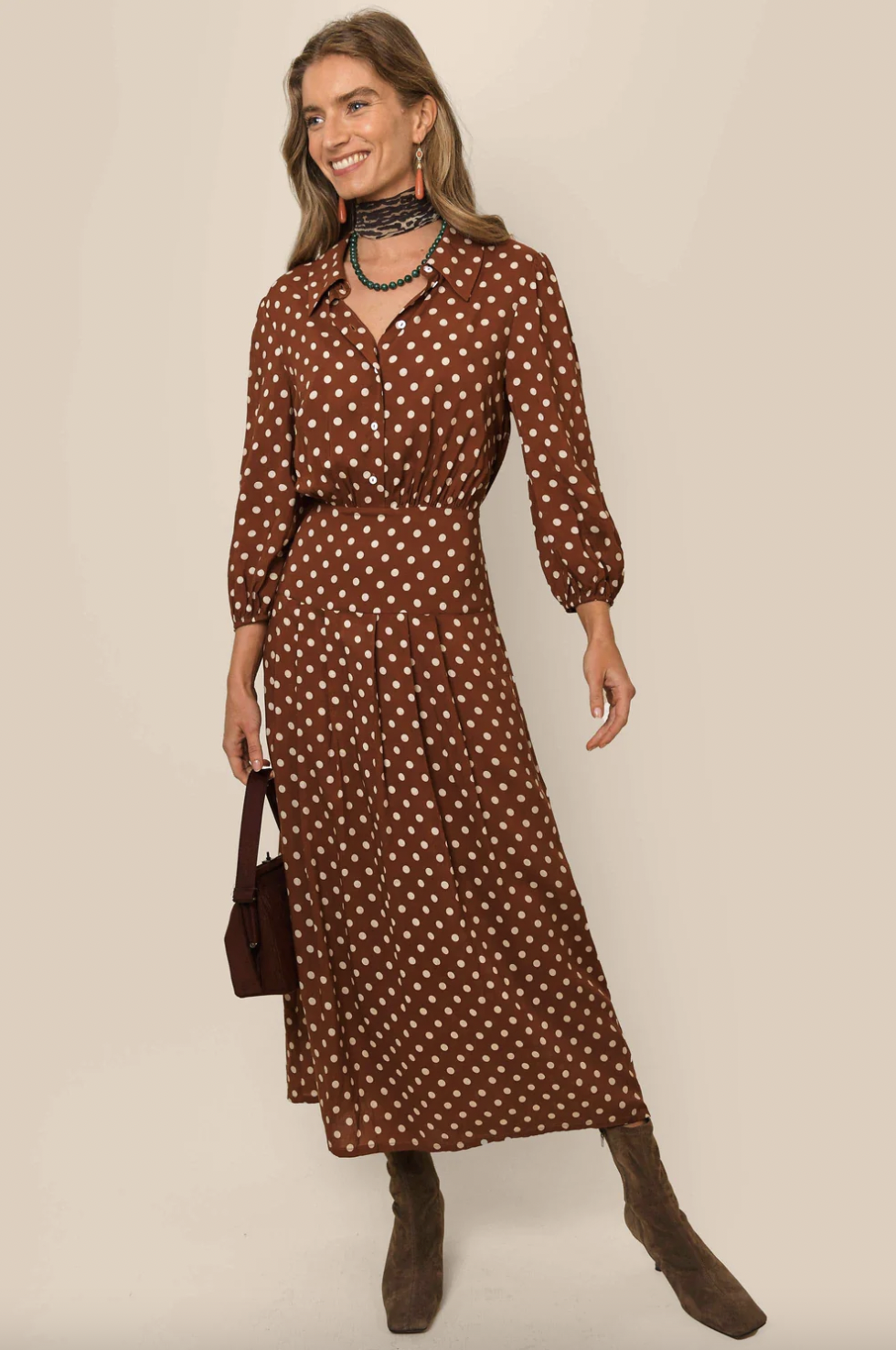 Rixo Izzy Pleated Shirtdress in Copper Dot