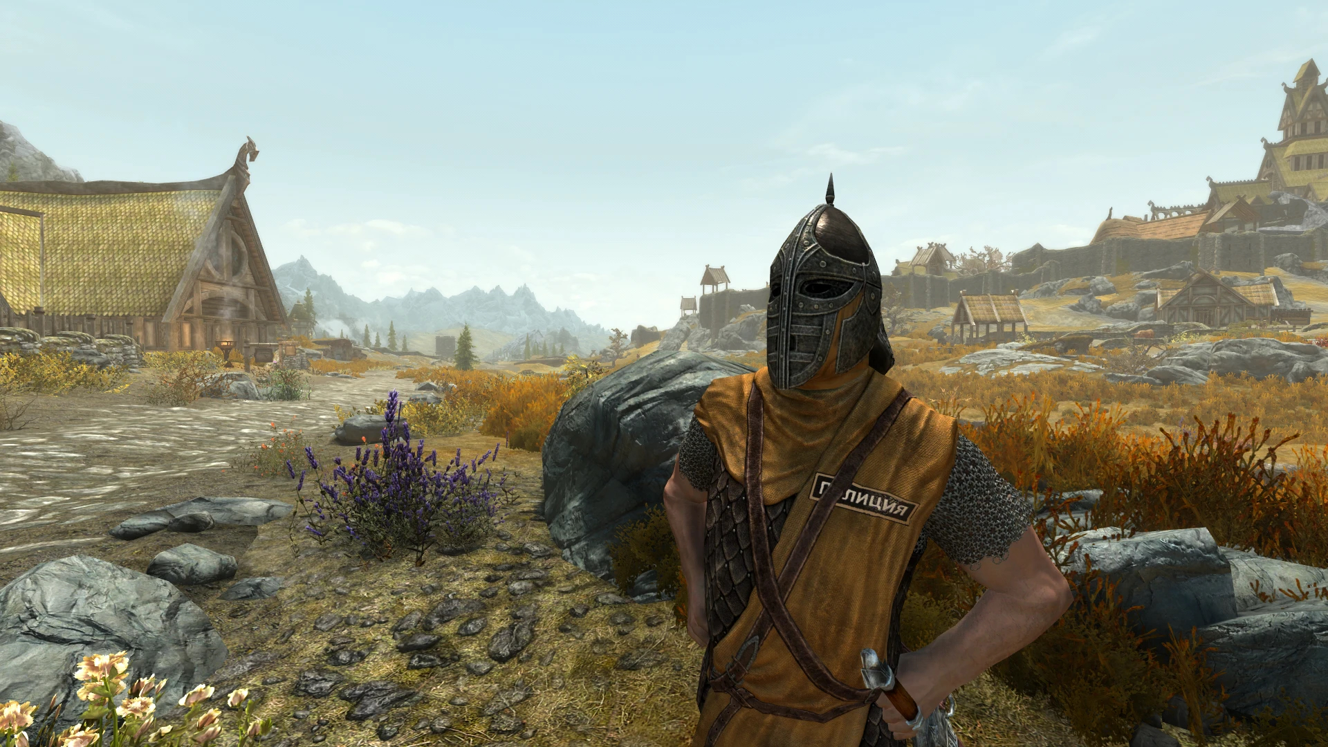 A Skyrim guard with a Russian police badge.