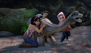 Girls soothing a baby long neck dinosaur Jurassic World Camp Cretaceous Netflix