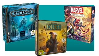 The boxes for board games 7 Wonders Duel, Marvel Champions, and Mysterium.